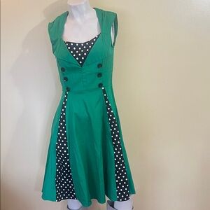 NWOT Killreal Womens Green Retro Fit n Flare Dress Polka Dot Trim Sz M Side Zip